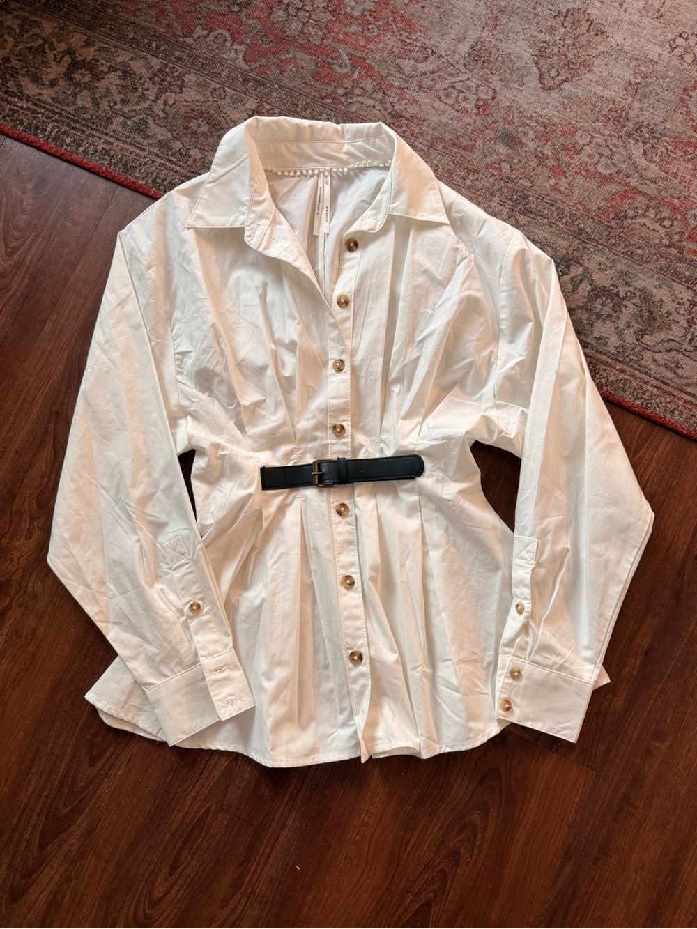 Anthropologie White Button-Front Shirt with Black Belt